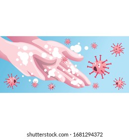 Ilustración vectorial de las manos lavadas, y el virus está asustado y muerto.
