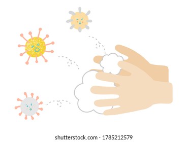 Ilustración vectorial de lavado de manos y virus