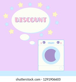 Vector illustration: washing machine in a cartoon style Kawai, with inscription "discount" and backdrop for text, for printing on poster, banner, business card, flyer, sticker, card, for digital use 