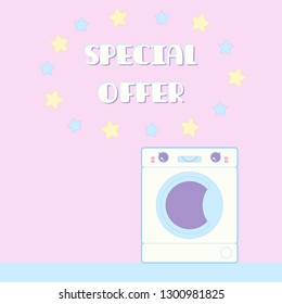 Vector illustration of washing machine in cartoon style Kawai,  inscription «special offer» and backdrop for text, for printing on fabric or poster, banner, business card, flyer, sticker, digital use