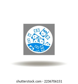 Vector illustration of washing machine drum with money cash. Icon of AML Anti Money Laundering. Symbol of stop legalization of dirty money. Sign of financial crime.