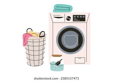 Vector illustration of washing machine and glass jar with detergent, and laundry basket with colorful clothes. Simple, cartoonish, and flat composition of home cleaning, and household chores