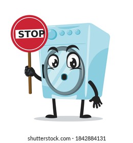 vector illustration of washing machine mascot or character holding sign says stop