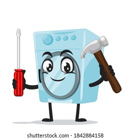 vector illustration of washing machine mascot or character holding hammer and screwdriver
