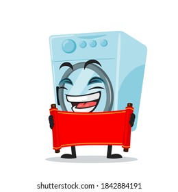 vector illustration of washing machine mascot or character holding blank red scroll