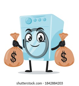 ilustración vectorial de la mascota de la lavadora o del personaje que contiene sacos de dinero