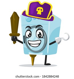 vector illustration of washing machine mascot or character wearing pirates costume and holding wooden sword