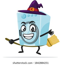 vector illustration of washing machine mascot or character wearing witch costume and ride flying broom