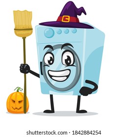 vector illustration of washing machine mascot or character wearing witch costume and holding broom