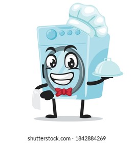 vector illustration of washing machine mascot or character wearing chef hat and serve food