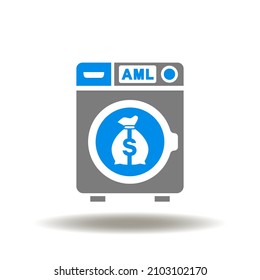 Vector illustration of washing machine with money bag. Icon of AML Anti Money Laundering. Symbol of stop bribery and corruption.