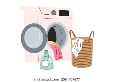 Vector illustration of washing machine with open door, laundry inside, detergent bottle, and wicker basket. Simple, cartoonish, and flat design depicting home, cleaning, and household chores