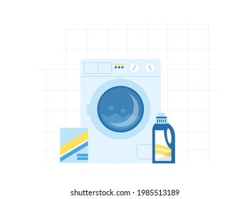 Vector illustration of washing machine, washing powder and tiled wall.