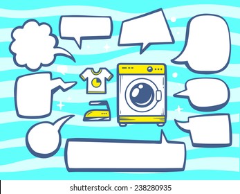 Vector illustration of washing machine with speech comics bubbles on blue pattern background. Line art design for web, site, advertising, banner, poster, board and print.