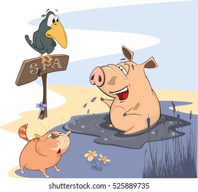 Vector Illustration of a Washing up Pig with a Crow and a Red Cat. Cartoon
