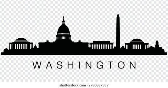 Vector illustration of Washington DC city skyline silhouette, featuring iconic landmarks like the US Capitol, Washington Monument, and Lincoln Memorial.