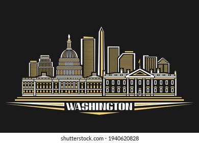 Vector illustration of Washington, horizontal poster with outline design illuminated washington city scape, urban line art concept with decorative font for word washington on dark evening background.