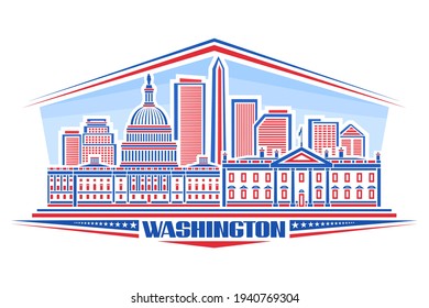 Vector illustration of Washington, horizontal poster with outline design washington city scape on day background, line art concept with unique font for word washington and decorative stars in a row.