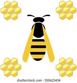 Vector illustration. Wasp with honeycombs, isolated over white background