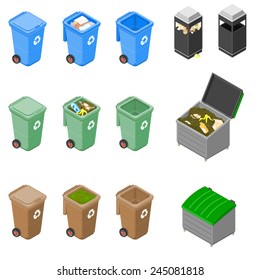 A vector illustration of waste disposal. Bins for trash collection and recycling. Isometric Garbage Bins.   