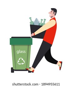 Abfallsortierungs- und Recyclingkonzept für Vektorgrafiken. Der Mensch sortiert den Müll und wirft ihn in den Müll für Glas. Zero Müll Lebensstil. Concept Illustration für Recycling, Nachhaltigkeit.