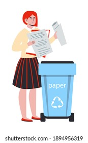 Vector illustration waste sorting and recycling concept. Woman sorts trash and throw it in the trash for waste paper. Zero waste life style. Concept illustration for recycling, sustainability.