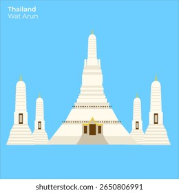 Vector Illustration of Wat Arun, a temple on Chao Phraya River,
Spiritual icon of Thailand’s religious heritage,
used in temple, culture, or travel themes, flat art design style.