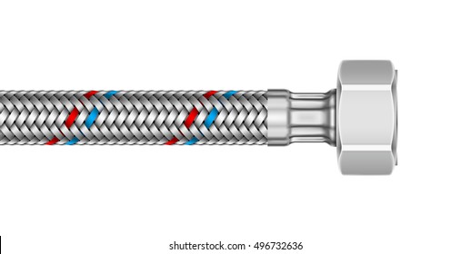 Vector illustration of the water braided metal hose with connecting internal screw isolated on white background