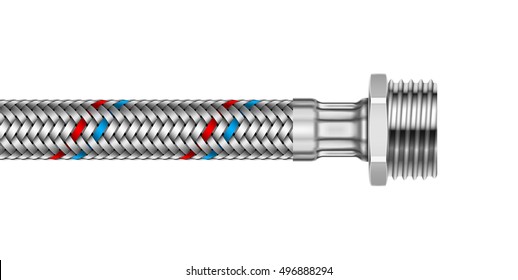 Vector illustration of the water braided metal hose with connecting external screw isolated on white background
