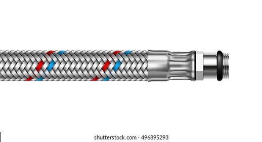 Vector illustration of the water braided metal hose with fitting the small diameter isolated on white background