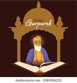 Vector illustration water color illustration of Guru Nanak Dev, Prakash Parv festival celebration. concept, idea background with Happy Gurupurab Punjabi text on hand
