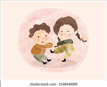 Vector illustration water color technique of little kid or sibling  playing  or practicing ice skate.Happy little girl and boy in winter suit  skating.Kids activities in winter season concept.   