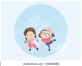 Vector illustration water color technique of little kid or sibling  playing  or practicing ice skate.Happy little girl and boy in winter suit  skating.Kids activities in winter season concept.   