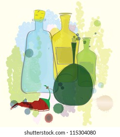 Vector illustration of water colored bottles and red pepper