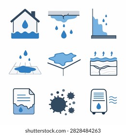 Vector illustration of water contamination sources and effects including factory waste oil spill and sewage