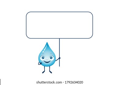 Ilustración vectorial del carácter de gota de agua sosteniendo un cartel. Diseño para banner, tarjetas y otros.	Copiar espacio.