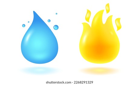 Ilustración vectorial de caída de agua y llama de fuego en estilo 3D. Icono vector de caída de lluvia y fuego en estilo realista.