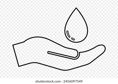 Ilustración vectorial de gota de agua en mano lineart sobre fondo transparente