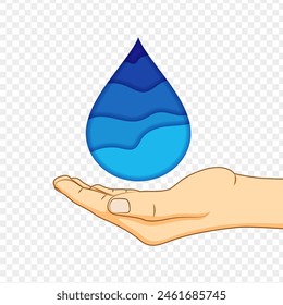 Ilustración vectorial de gota de agua en la mano sobre fondo transparente