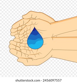 Ilustración vectorial de la gota de agua en las manos sobre fondo transparente
