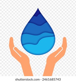 Vector illustration of water drop in hands on transparent background