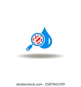 Vector illustration of water drop with magnifier and bacterium. microorganism. Symbol of legionella pneumophila. Icon of infection in water. Pictogram of disinfection of drinking water.