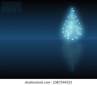 Vector illustration of a water drop  with mirror reflectionon a dark blue background. A drop of water from a grid and dots. Environmental protection, clean water, ecology.