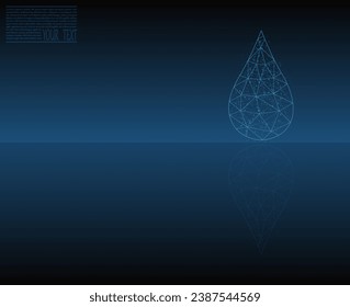 Vector illustration of a water drop  with mirror reflectionon a dark blue background. A drop of water from a grid and dots. Environmental protection, clean water, ecology.