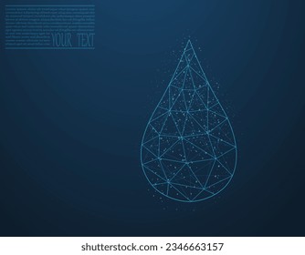 Vector illustration of a water drop on a dark blue background. A drop of water from a grid and dots. Environmental protection, clean water, ecology.