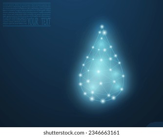 Ilustración vectorial de una gota de agua sobre un fondo azul oscuro. Una gota de agua de una red y puntos. Protección ambiental, agua limpia, ecología.