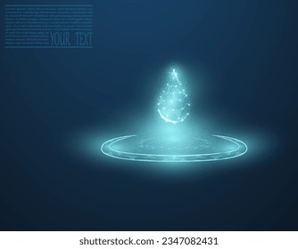 Vector illustration of a water drop on a dark blue background. A drop of water from a grid and dots. Environmental protection, clean water, ecology.