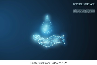Vector illustration of a water drop on a hand on a dark blue background. A drop of water from a grid and dots. Environmental protection, clean water, ecology.
