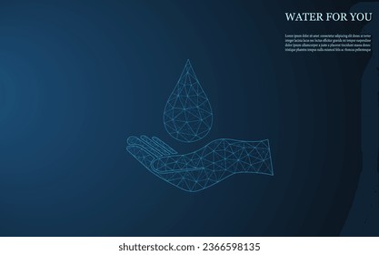 Vector illustration of a water drop on a hand on a dark blue background. A drop of water from a grid and dots. Environmental protection, clean water, ecology.