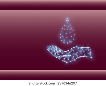 Vector illustration of a water drop on a hand on a burgundy background. A drop of water from a grid and dots. Environmental protection, clean water, ecology.